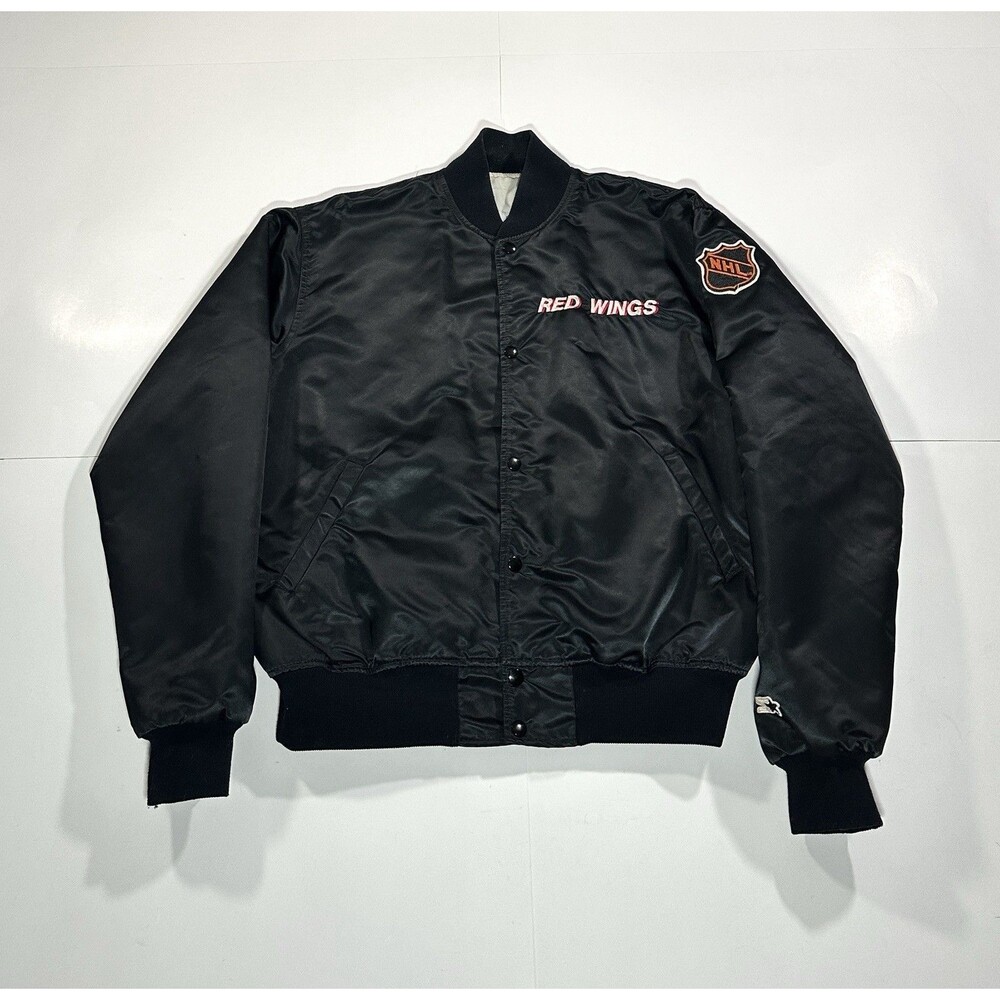 Vintage 90s Detroit Red Wings Starter Satin NHL Jacket Black Large USA Rare HTF
